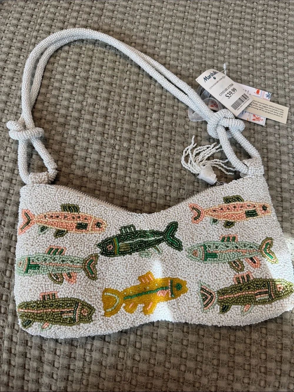 Beaded Fish Crossbody Bag - White with Green & Pink Fish